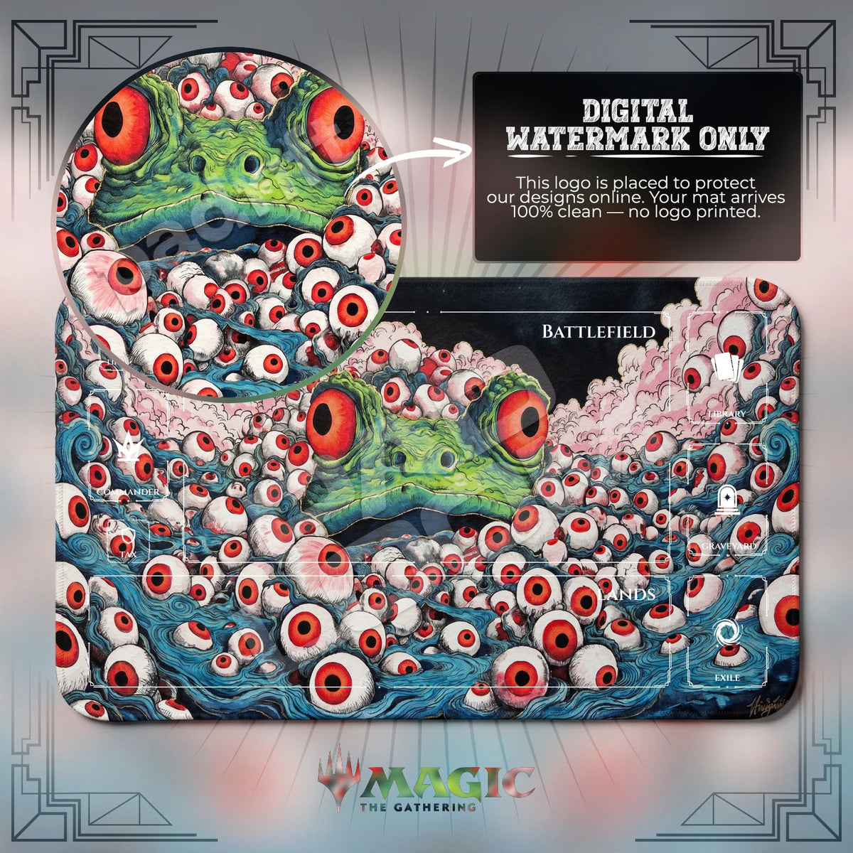 Frog Eyeball Sea MTG playmat with zones; the Padloom watermark is digital only, not printed
