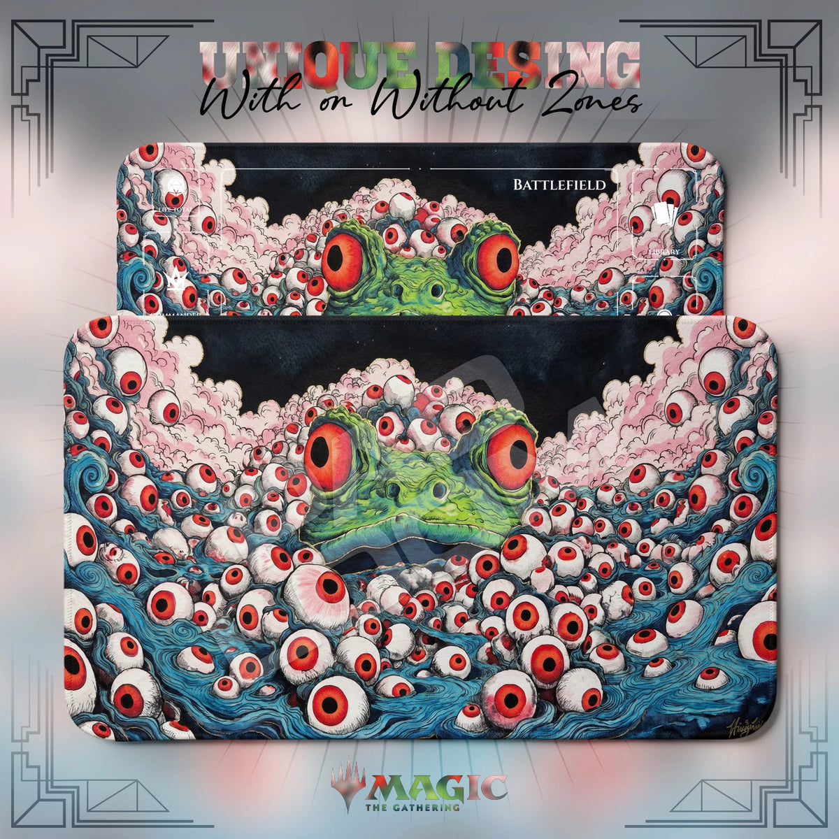 Frog Eyeball Sea MTG playmat shown with zones and without zones