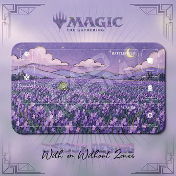Frog Lavender MTG playmat, purple and blue art with play zones, 24 x 14 in