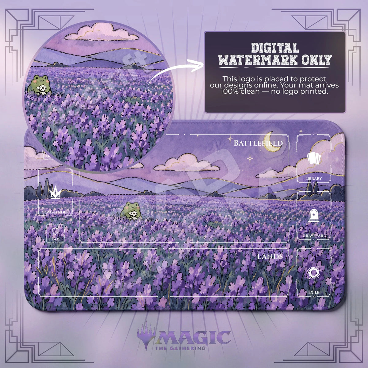 Frog Lavender MTG playmat with zones; the Padloom watermark is digital only, not printed
