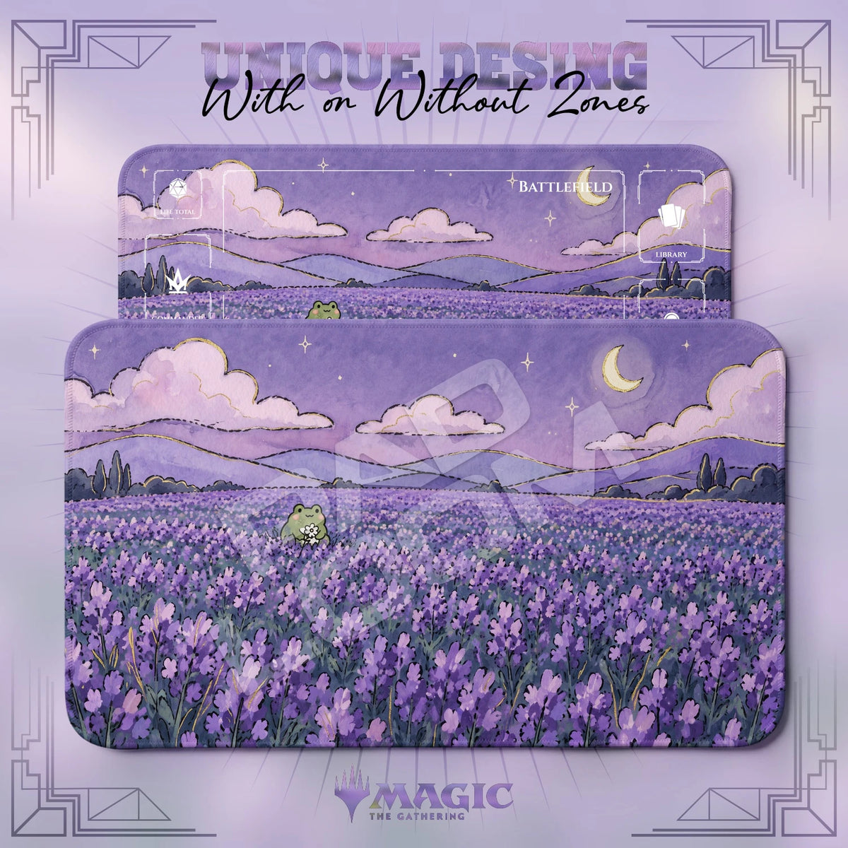 Frog Lavender MTG playmat shown with zones and without zones