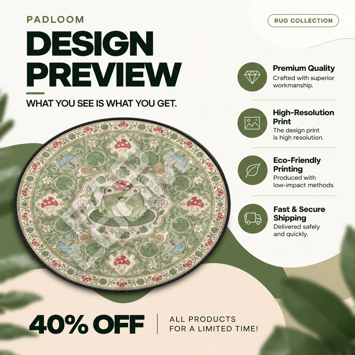 Frog Mushroom kawaii round rug full design preview