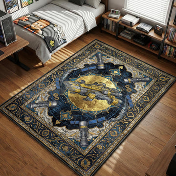 Starfield Frontier spaceship flying in front of gold planetary sphere with engine thrusters and solar panels in corners gaming area rug and floor mat
