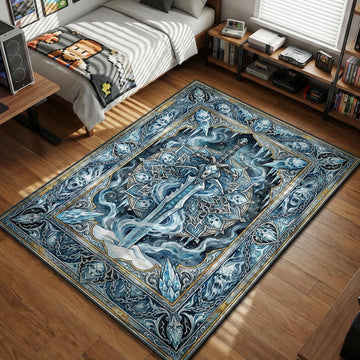 Frostmourne runeblade embedded in ice with ghostly skulls and chains illustration gaming area rug and floor mat