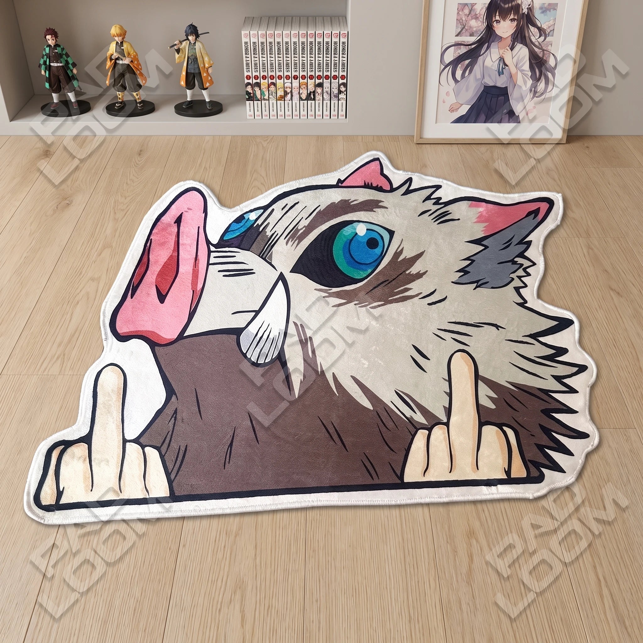 Funny Inosuke shaped rug shown in a room setting