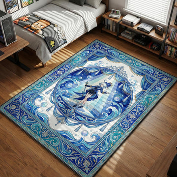 Furina dancing on stage with spotlight and bubbles theater art style gaming area rug and floor mat