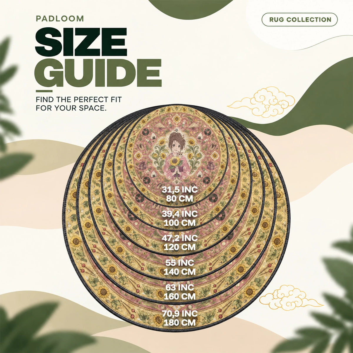 Fuu Sunflower round rug size guide, 80 to 180 cm (31.5 to 70.9 in)