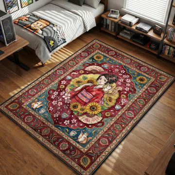 Fuu Kasumi holding a squirrel surrounded by sunflowers and tea cups in ukiyo-e floral style area rug and floor mat
