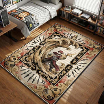 Gaara from Naruto Shippuden using sand coffin jutsu in a vintage scroll art style rug design featuring gourds and shuriken borders.