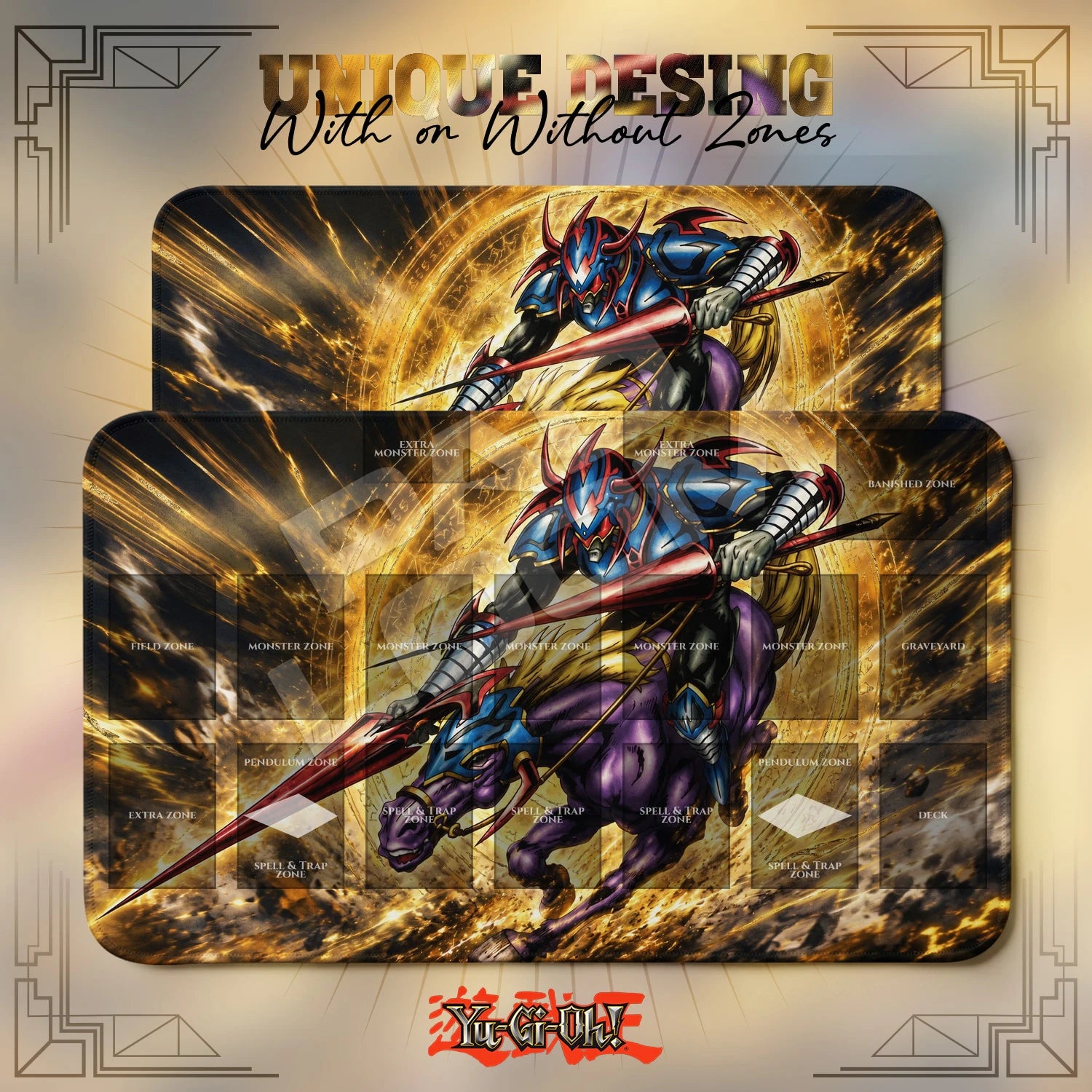 Gaia Fierce Knight Charge Playmat – With Zones and Without Zones layouts compared