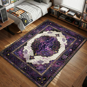 Pixel art purple Galaxy Sword surrounded by cosmic planets and stars Persian style gaming area rug and floor mat