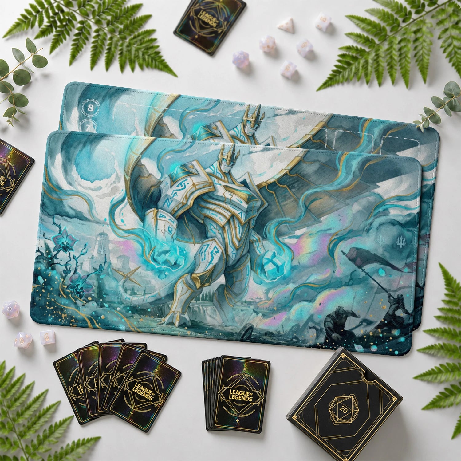 Galio Aegis Riftbound TCG playmat with card zones and score track – LoL game mat