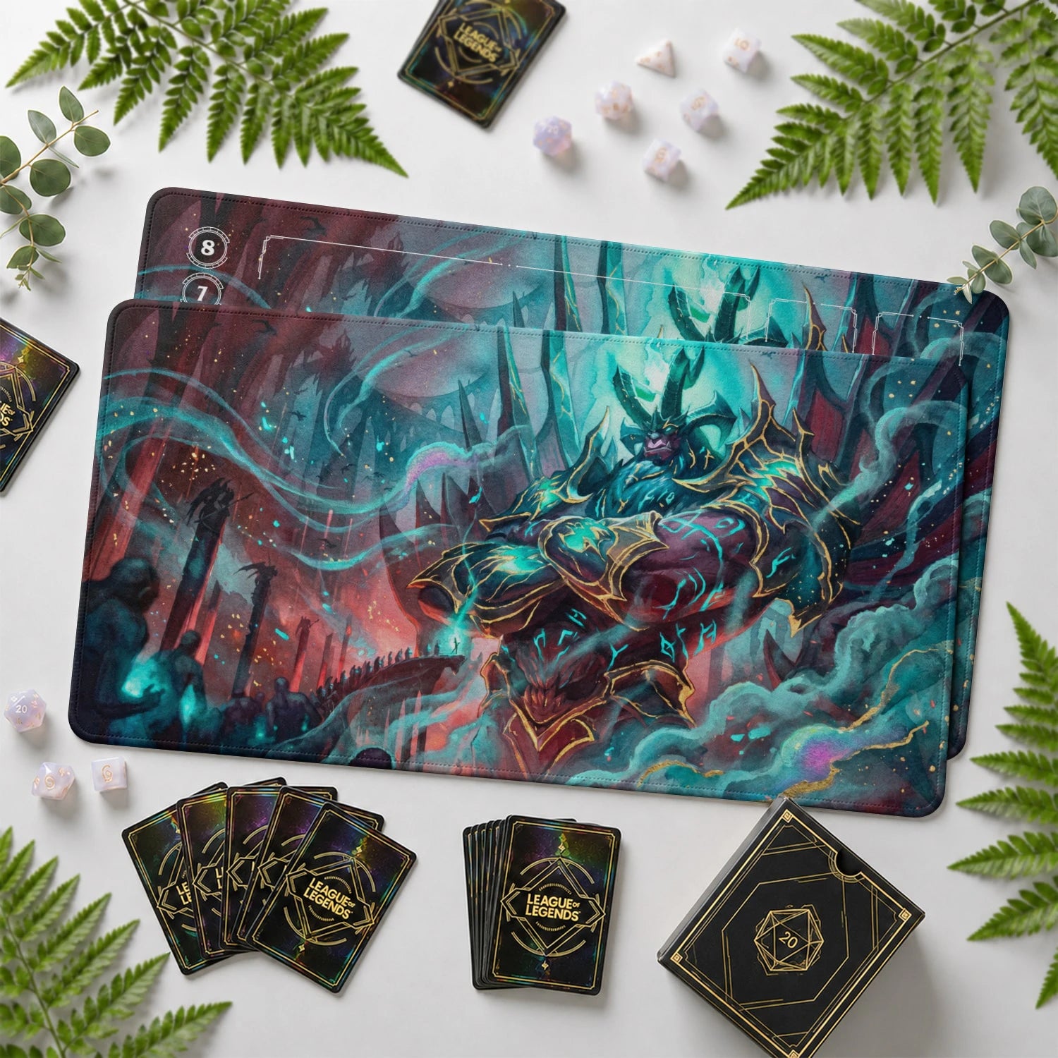 Galio Dread Riftbound TCG playmat with card zones and score track – LoL game mat