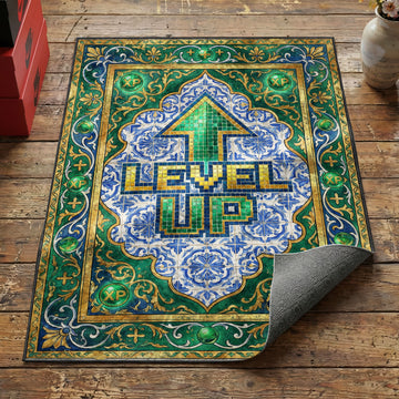 Retro Game Boy Tetris gaming rug with handheld console Tetris blocks and pixel heart border