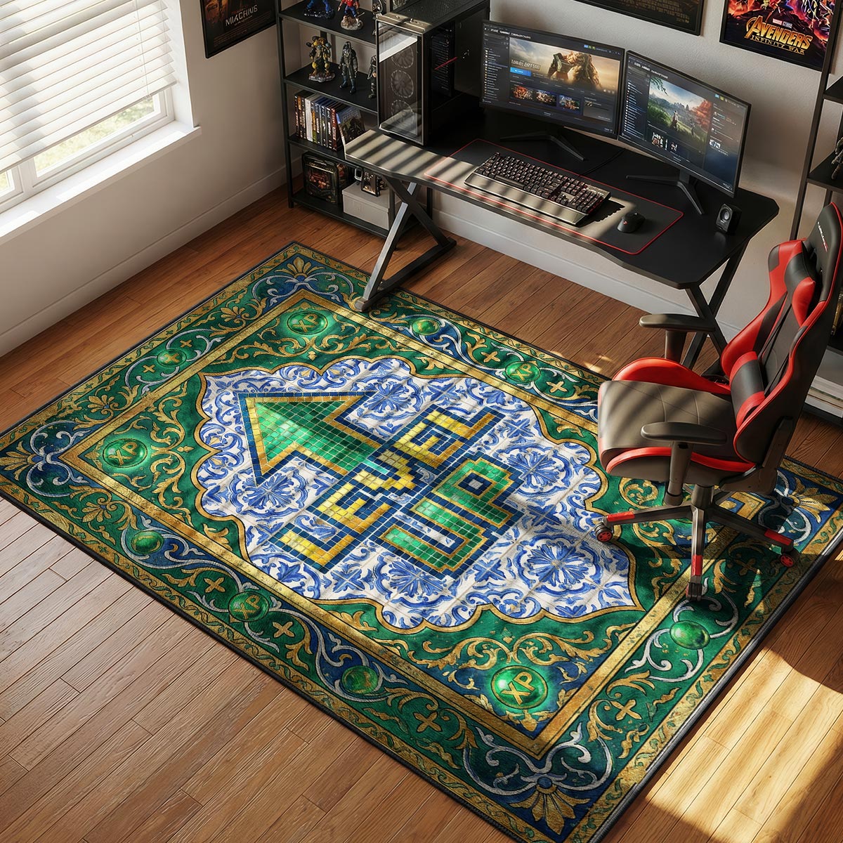 Game Boy rug placed in a cozy bedroom with warm lighting and retro gaming memorabilia
