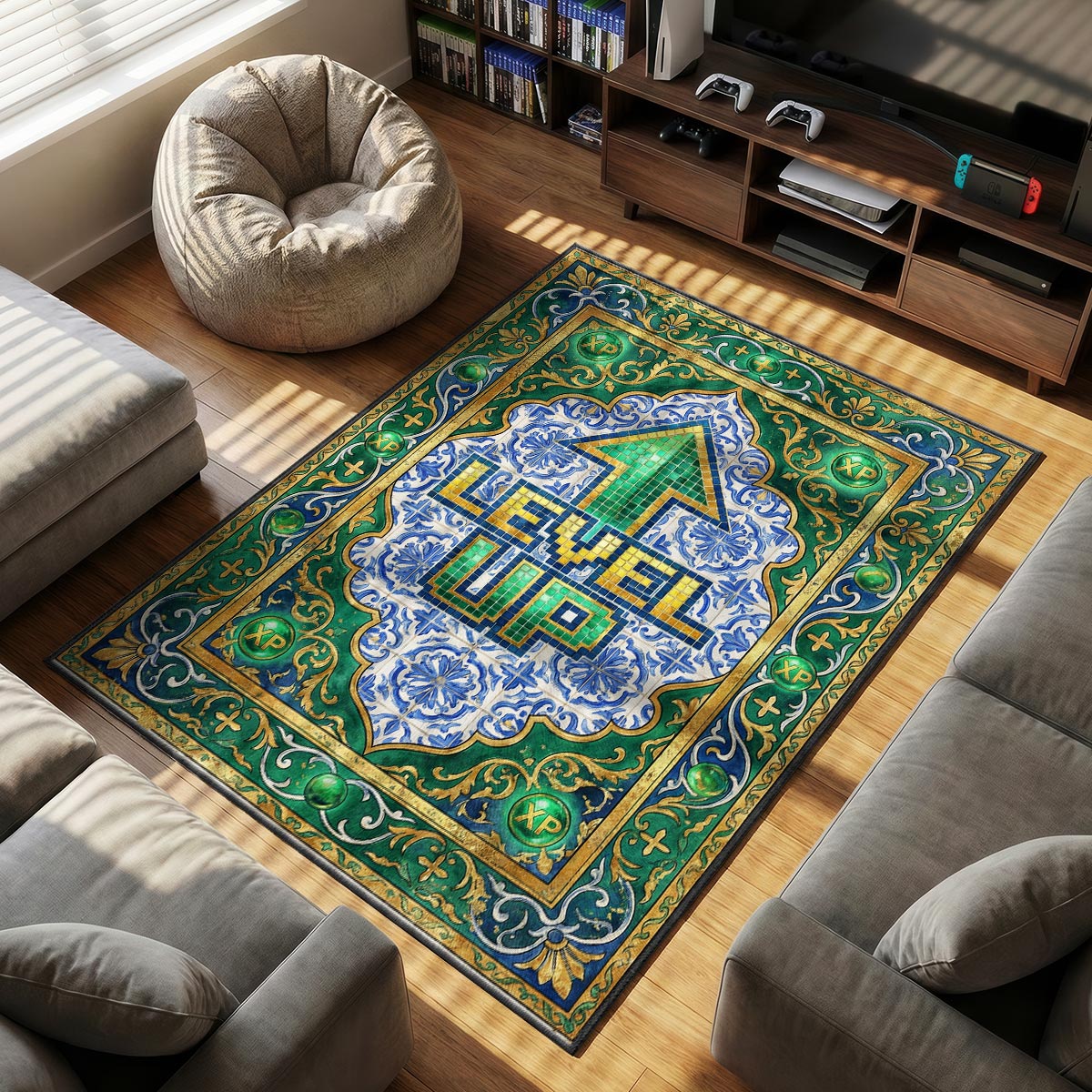 Detail of Game Boy rug showing green screen glow and Tetris block texture on velvet