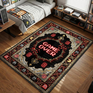 Red pixelated Game Over text with glitch particles on ornate black gaming area rug and floor mat