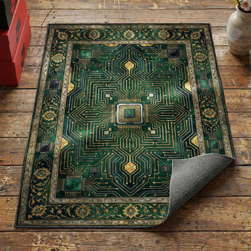 Dark gothic Game Over gaming rug with gold blackletter text skull broken heart and pixel icons