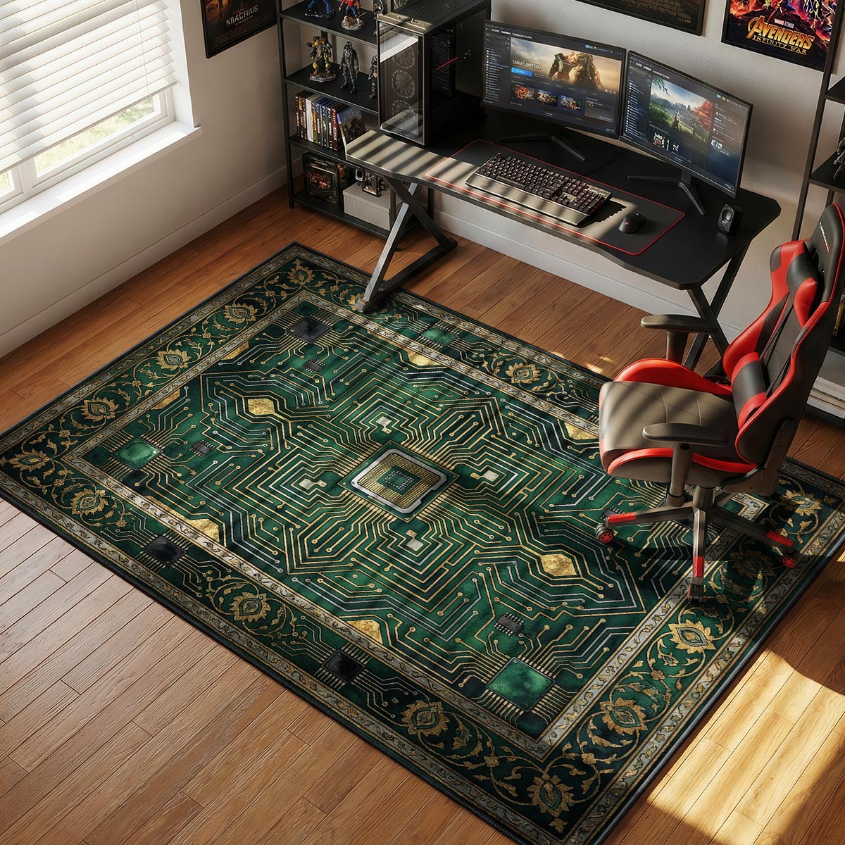 Game Over rug placed in a dark gaming setup with red LED lighting and black furniture