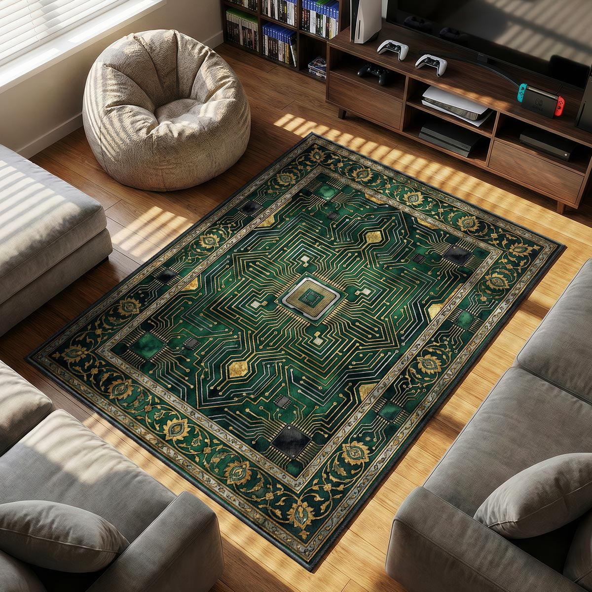 Detail of Game Over rug showing gold blackletter text and pixel skull on dye-sublimation velvet