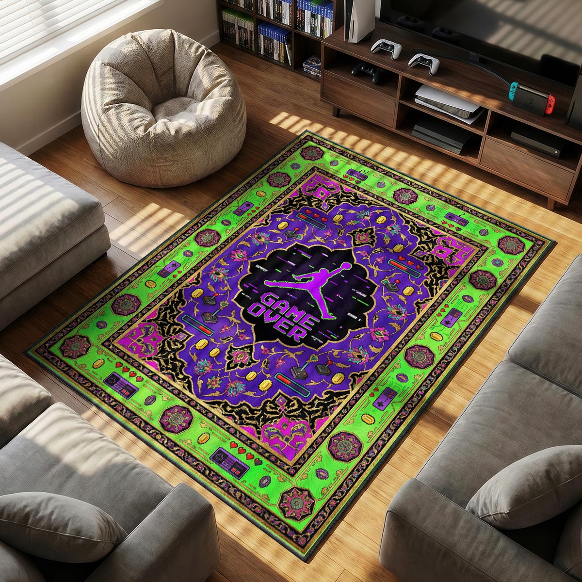 Game Over themed area rug for home decor fans