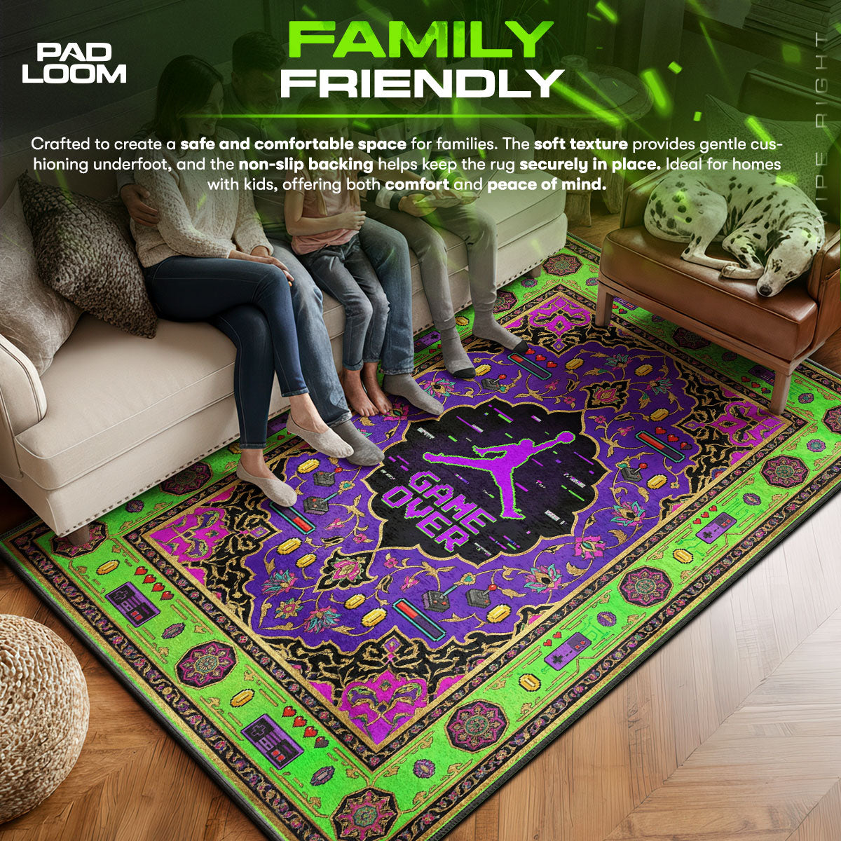Game area rug showing full home decor artwork