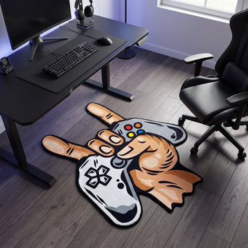 Gamer Hand shaped area rug, die-cut gaming room rug