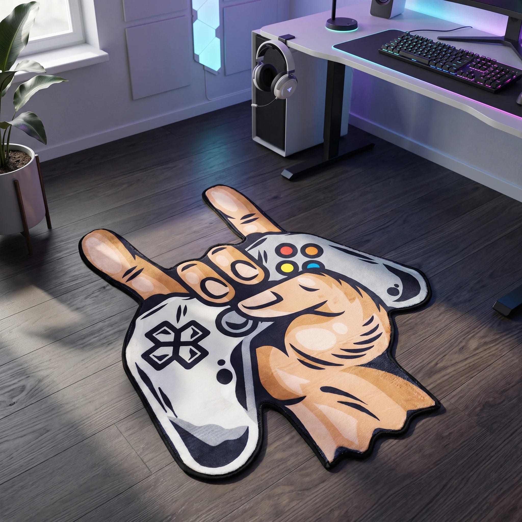 Gamer Hand shaped rug shown in a room setting