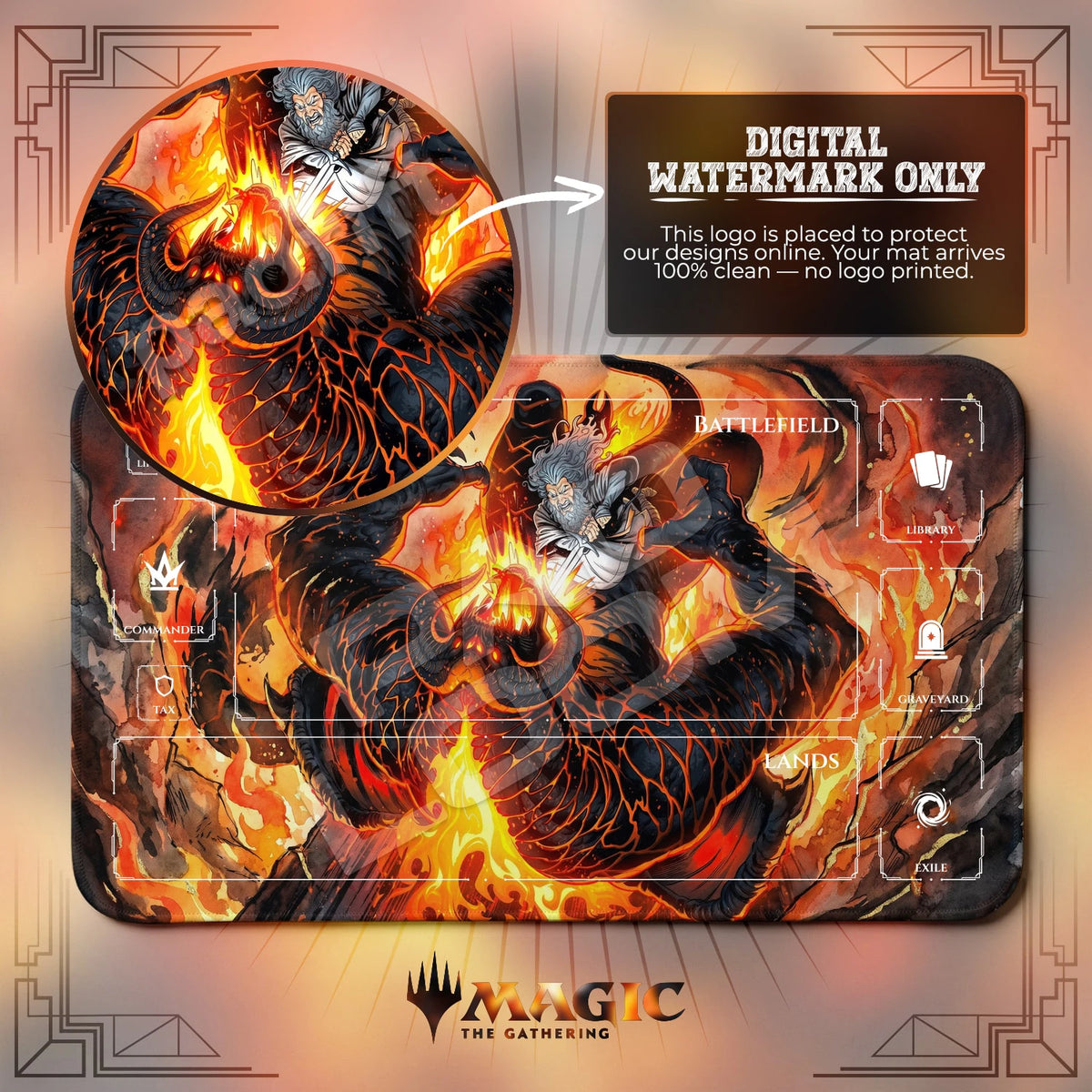 Gandalf Balrog Inferno MTG playmat with zones; the Padloom watermark is digital only, not printed