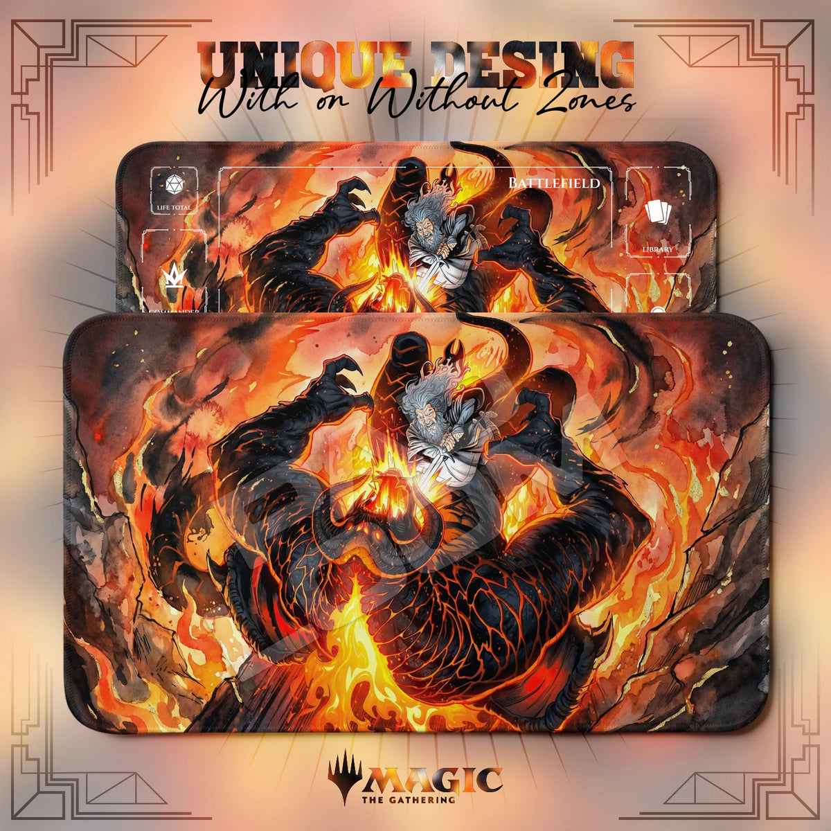Gandalf Balrog Inferno MTG playmat shown with zones and without zones
