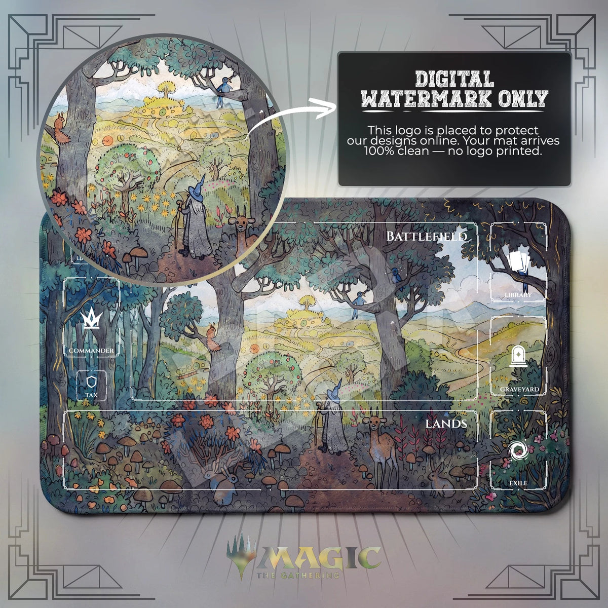 Gandalf Shire MTG playmat with zones; the Padloom watermark is digital only, not printed