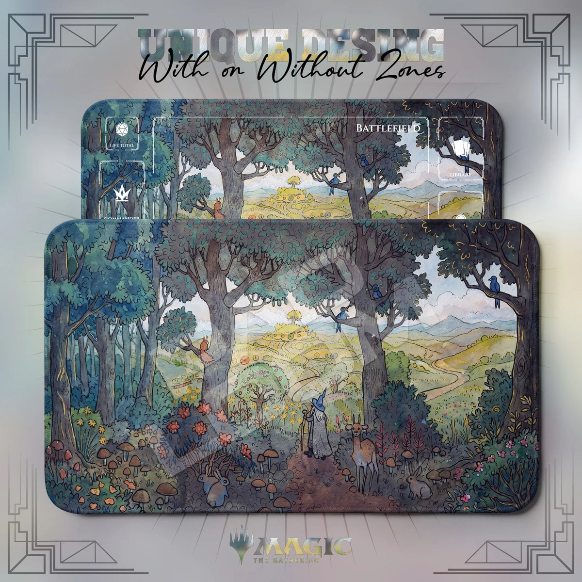 Gandalf Shire MTG playmat shown with zones and without zones