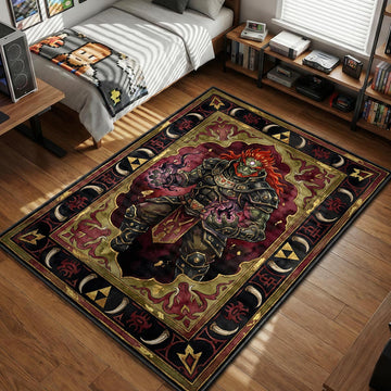 Ganondorf Demon King wielding purple malice flames in a red and gold ornate frame gaming area rug and floor mat