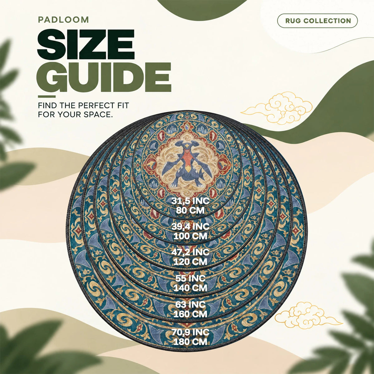 Garchomp Desert round rug size guide, 80 to 180 cm (31.5 to 70.9 in)