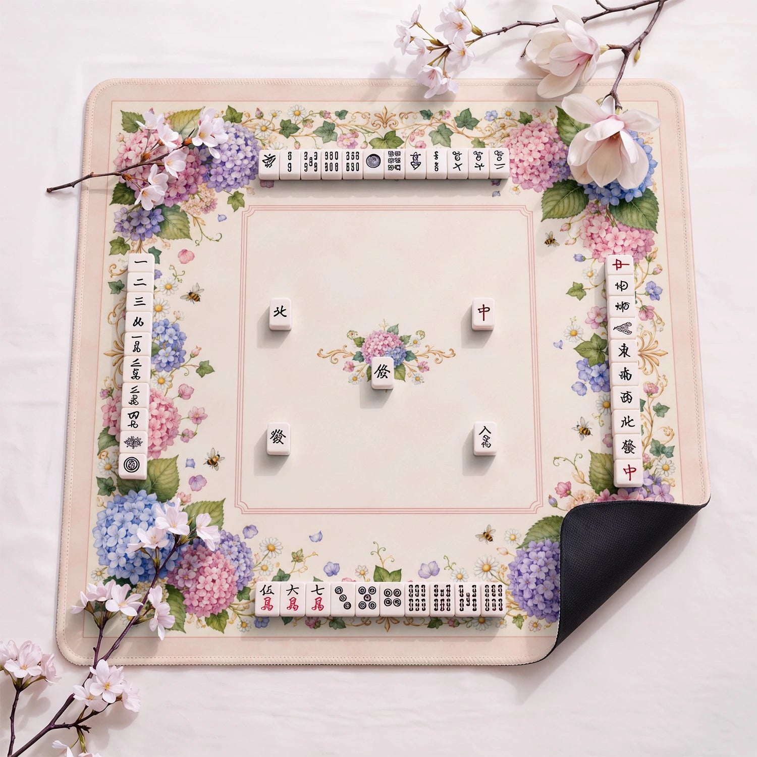 Garden Hydrangea Bee Mahjong Mat - Mah Jongg Mat