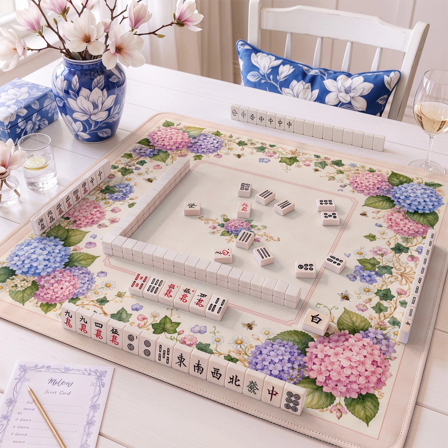 Garden Hydrangea Bee Mahjong Mat - Mah Jongg Mat