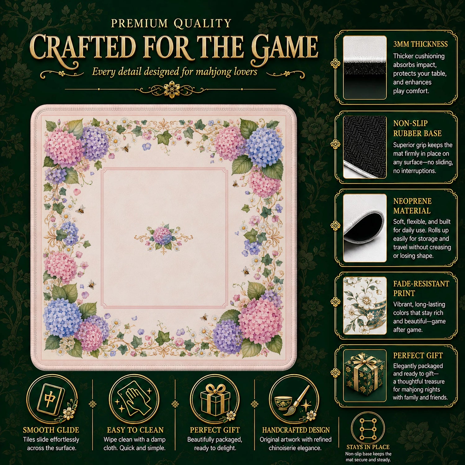 Garden Hydrangea Bee Mahjong Mat - Mah Jongg Mat