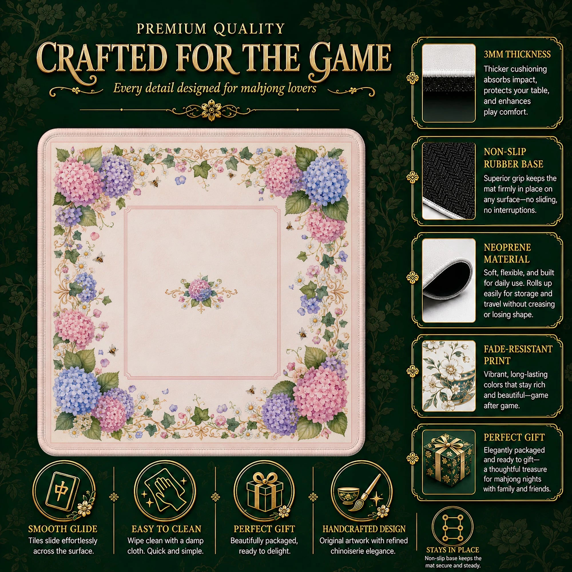 Garden Hydrangea Bee Mahjong Mat - Mah Jongg Mat