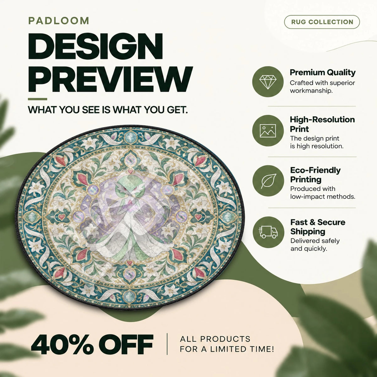 Gardevoir Lily Pokemon round rug full design preview