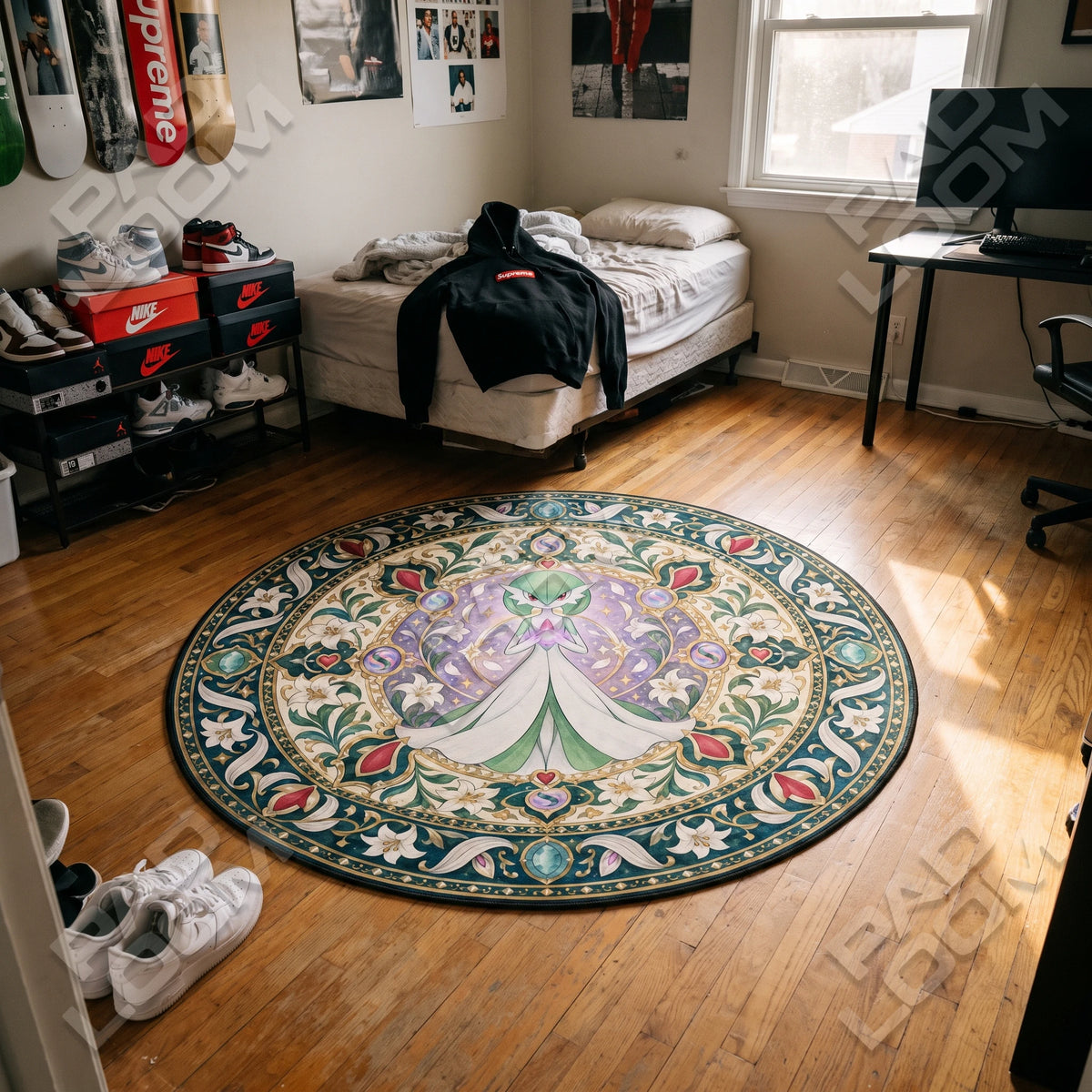 Gardevoir Lily round rug shown in a styled room - Pokemon area rug