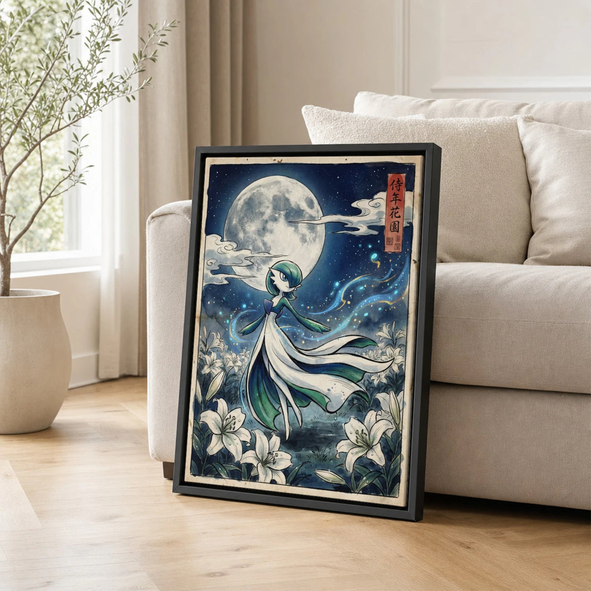 Gardevoir Moonlit Pokemon poster leaning beside a sofa - living room wall art