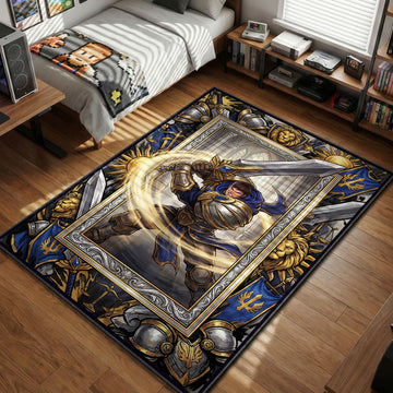 Garen spinning huge sword with lion crests and golden armor in heroic fantasy style gaming area rug and floor mat