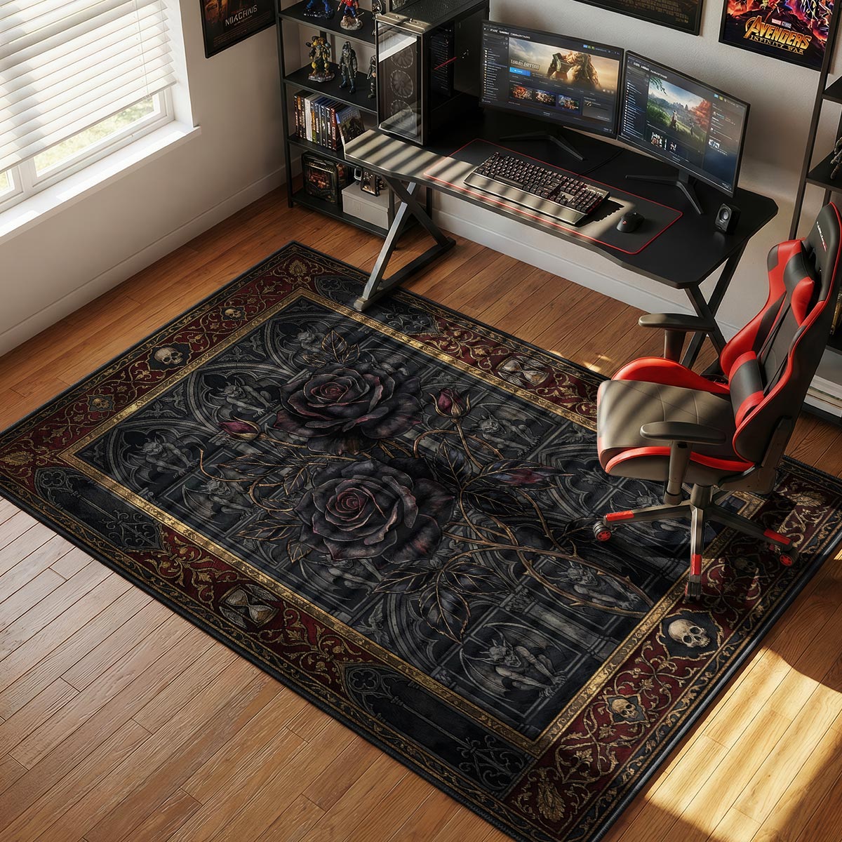 Gargoyle rose cathedral rug placed in a dark living room with iron furniture and candles