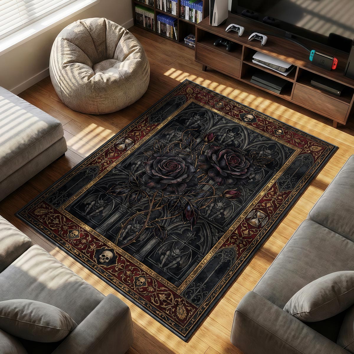 Detail of gargoyle rose rug showing thorn and skull border on velvet dye-sublimation surface