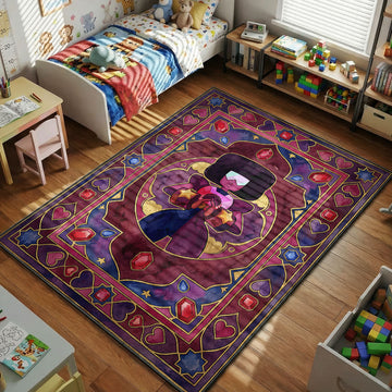 Garnet from Steven Universe holding her hands together in an ornate vintage watercolor art style movie themed area rug and home theater mat.