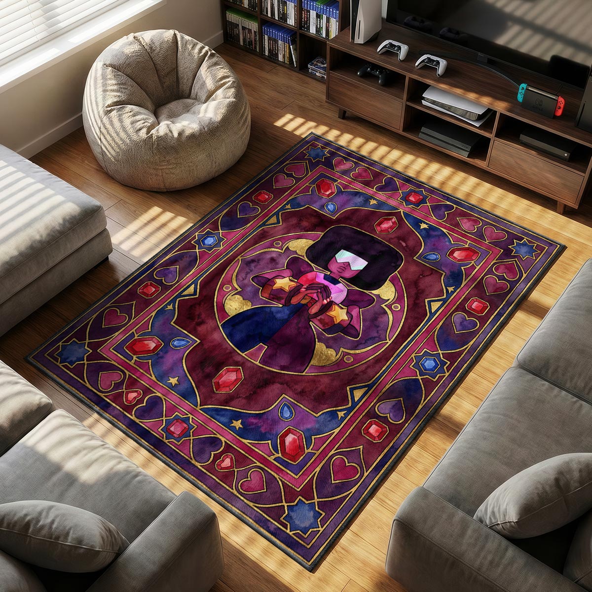 Garnet Crystal themed area rug for home decor fans