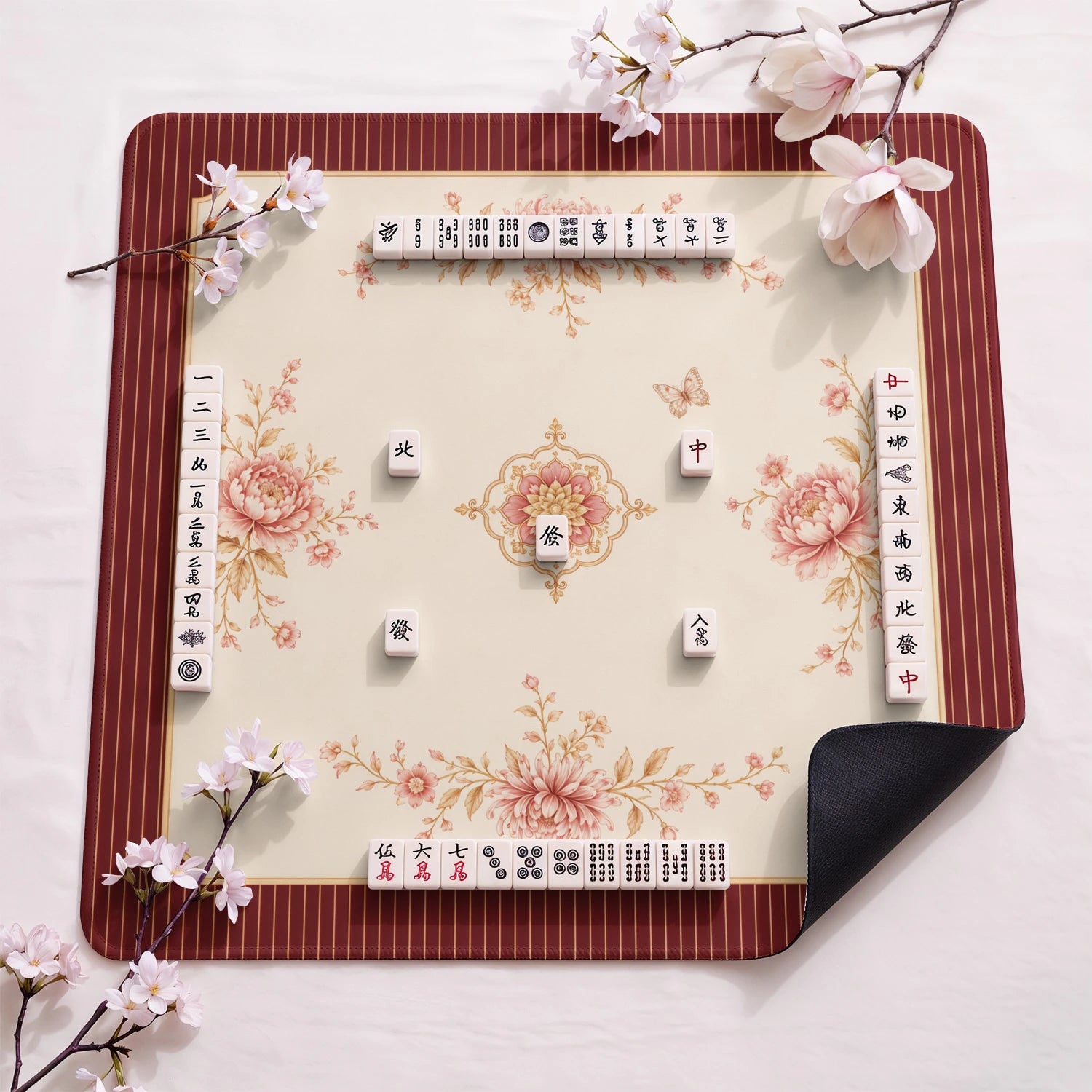 Garnet Mum design close-up on mahjong mat surface