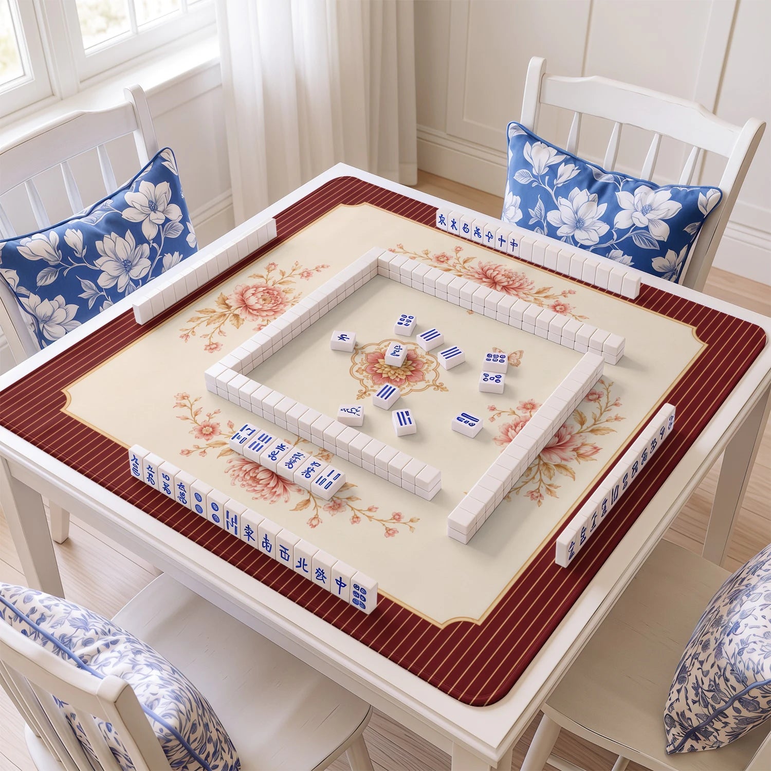 Garnet Mum mahjong mat with tiles and racks on the table