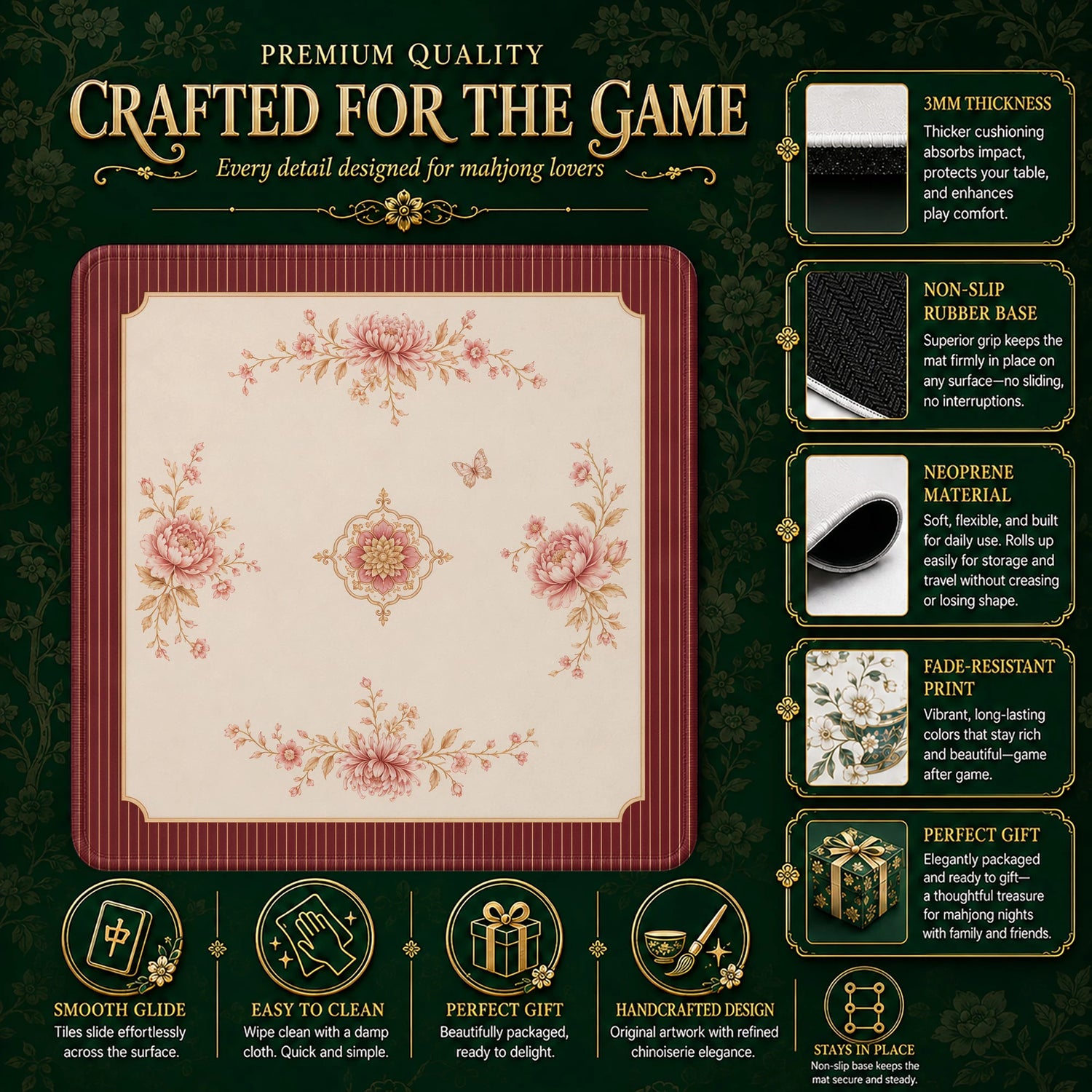 Garnet Mum Mahjong Mat – neoprene mah jongg table mat