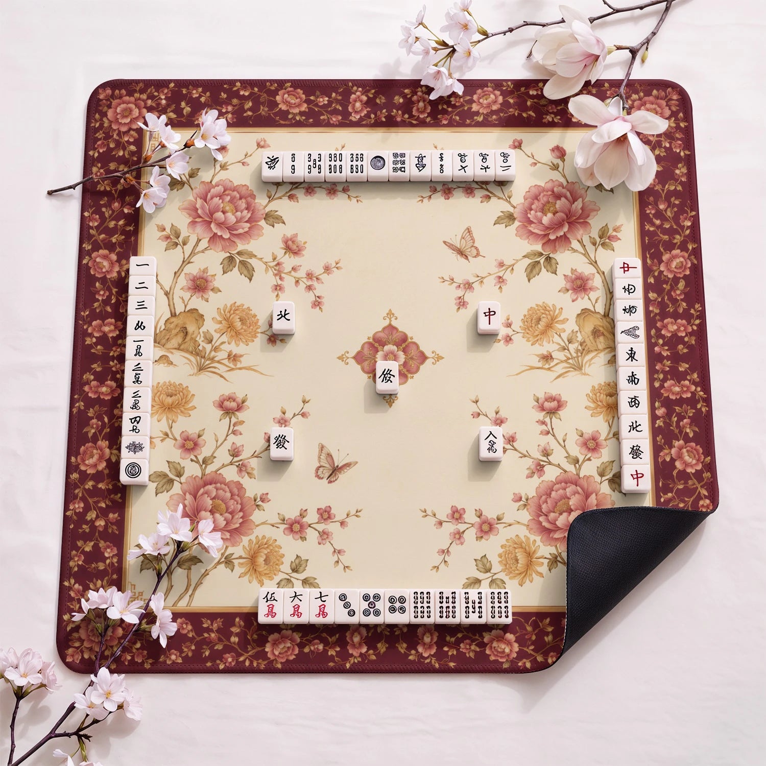 Garnet Peony design close-up on mahjong mat surface